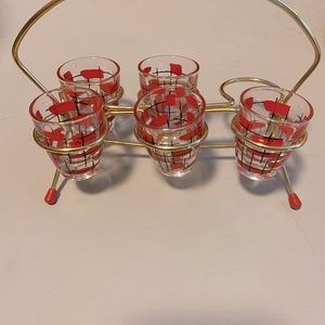 Vintage shot glass set in carrier